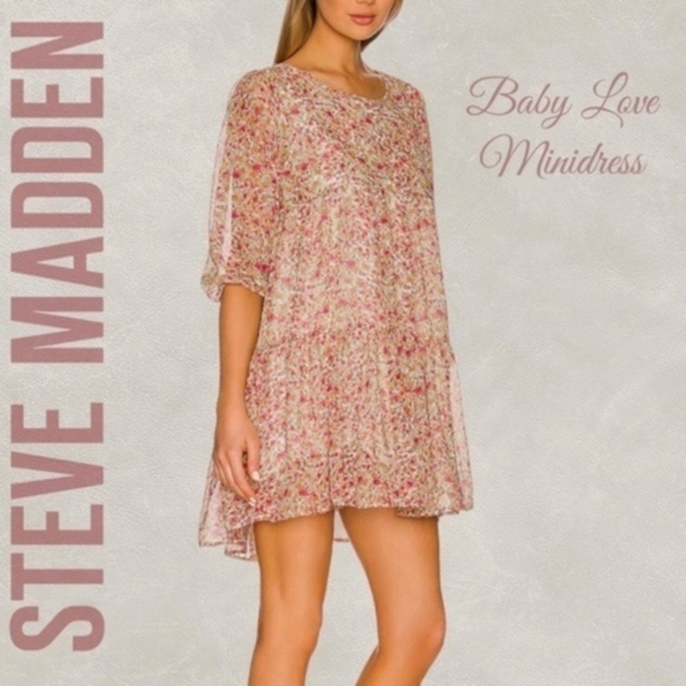 BB DAKOTA Baby Love Swingy Floral Print 3/4 Puff Sleeve Semi Sheer Mini Dress-Md